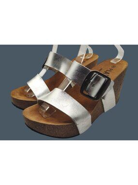 Plakton Women's Size 39/US 8.5 Silver Wedge Sandals Adjustable Strap & Cork Sole